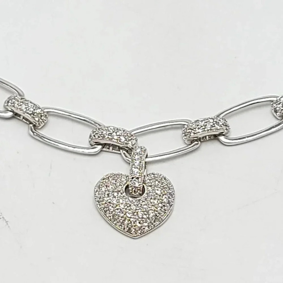 Sterling Silver .925 FAS Pave CZ Rectangle Link Necklace with CZ Heart Charm - Picture 6 of 8